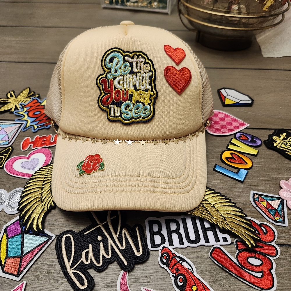 Beige Cap with Colorful Patches